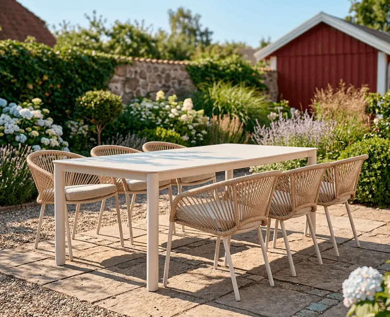 Karen Nora Havemøbelsæt med 6 stole 99,50x210 - Gråhvid / Sand